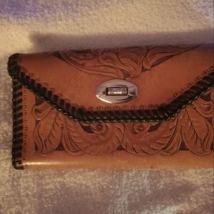 Genuine Leather women's hand tooled floral brown vintage Wallet w checkbook etc